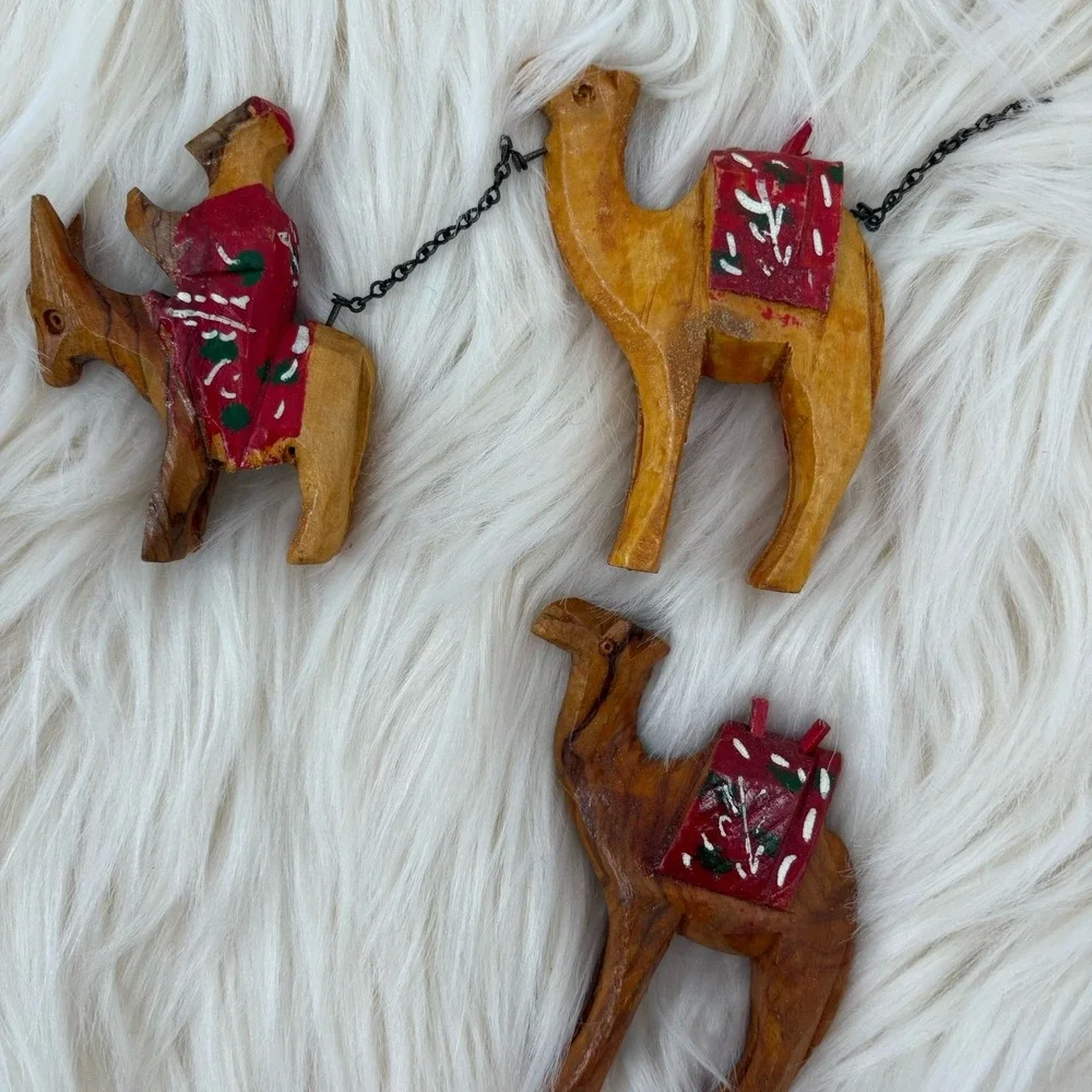 Vintage Donkey &‎ Camel Train Figurines Hand Carved Olive Wood Jerusalem caravan